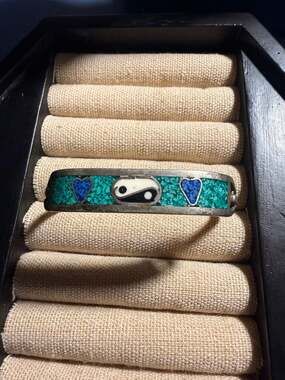 Vintage Taxco Mexico Sterling Silver 925 Yin Yang and Heart Mosaic Crushed Turqu